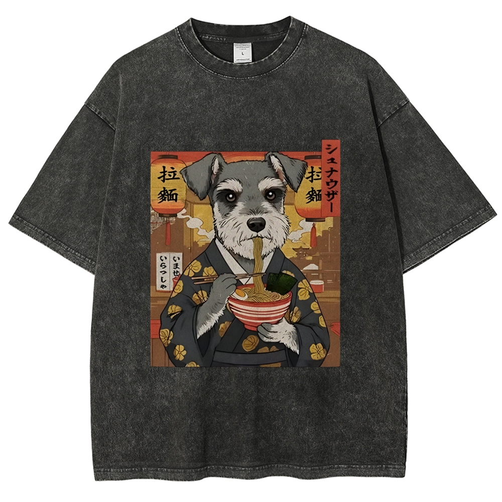 Schnauzer Eating Ramen Washed T-Shirt