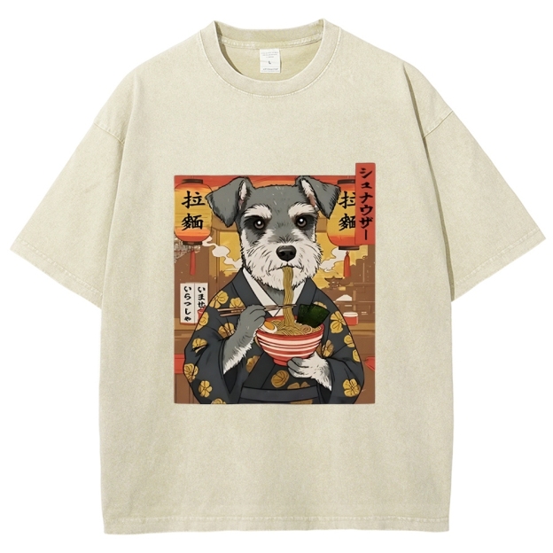 Schnauzer Eating Ramen Washed T-Shirt