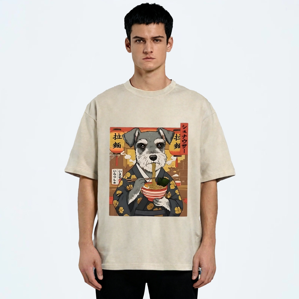 Schnauzer Eating Ramen Washed T-Shirt