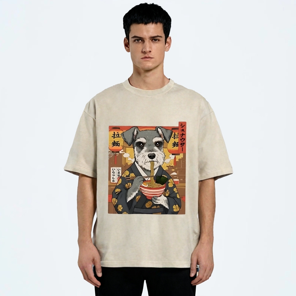 Schnauzer Eating Ramen Washed T-Shirt