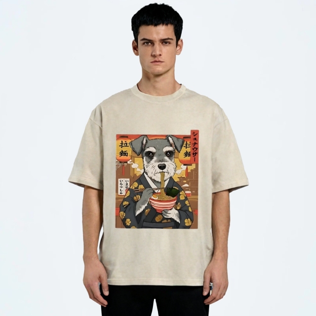 Schnauzer Eating Ramen Washed T-Shirt