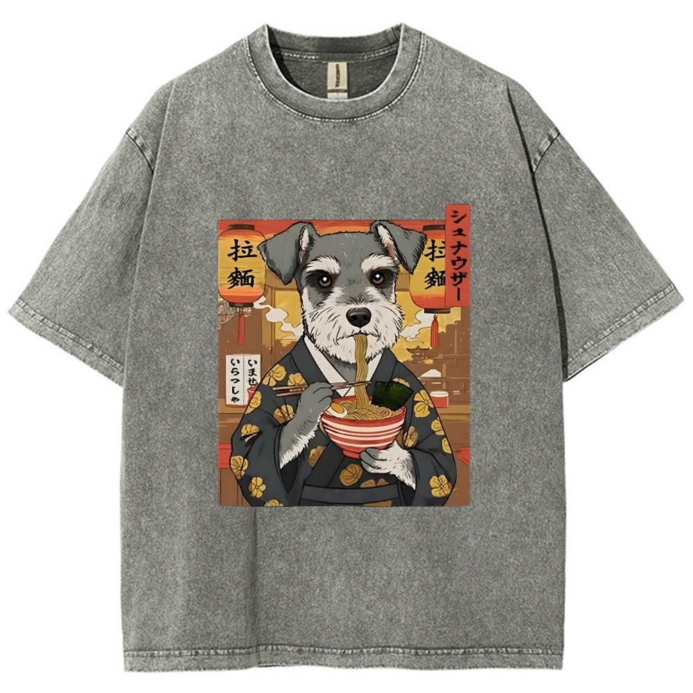 Schnauzer Eating Ramen Washed T-Shirt