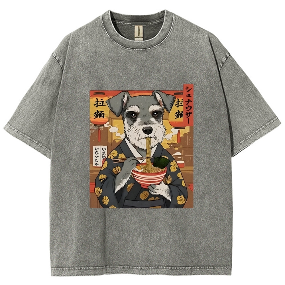Schnauzer Eating Ramen Washed T-Shirt