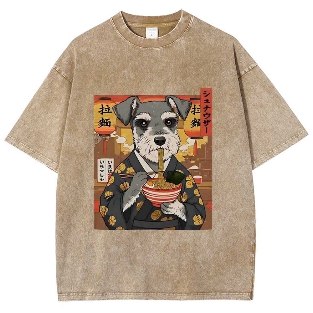 Schnauzer Eating Ramen Washed T-Shirt