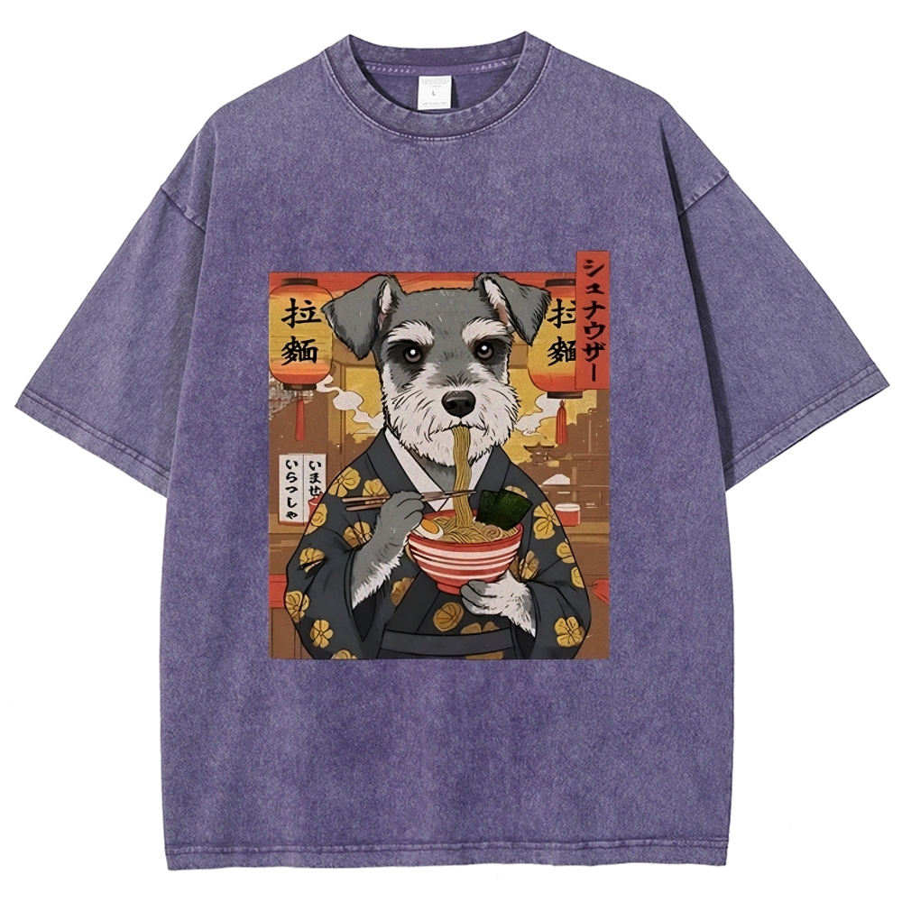 Schnauzer Eating Ramen Washed T-Shirt