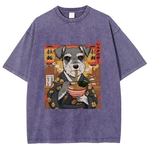 Schnauzer Eating Ramen Washed T-Shirt