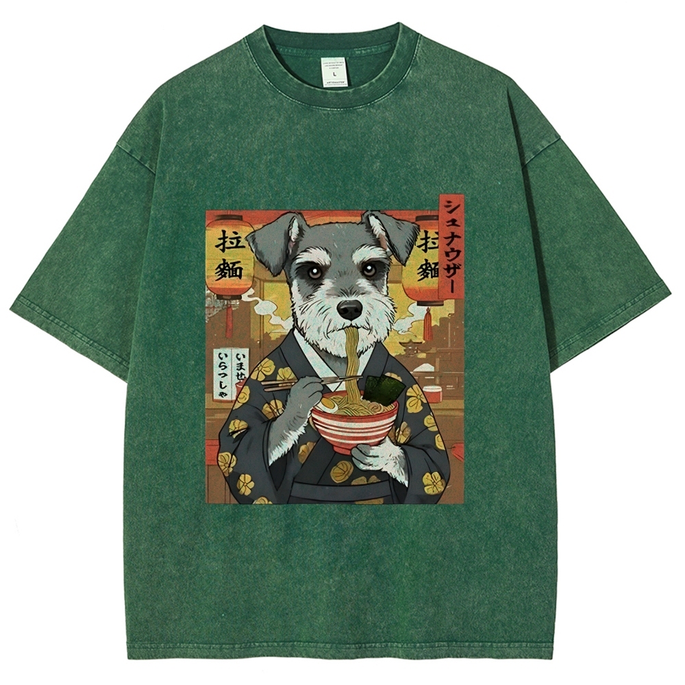 Schnauzer Eating Ramen Washed T-Shirt