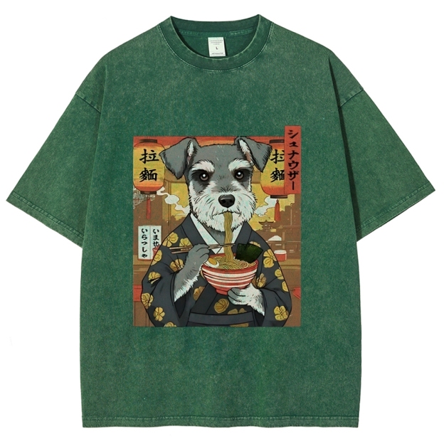 Schnauzer Eating Ramen Washed T-Shirt