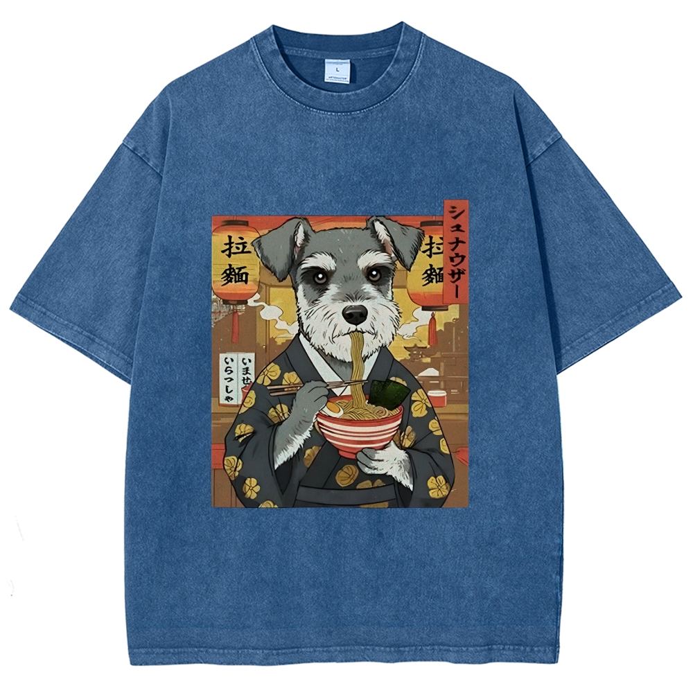 Schnauzer Eating Ramen Washed T-Shirt