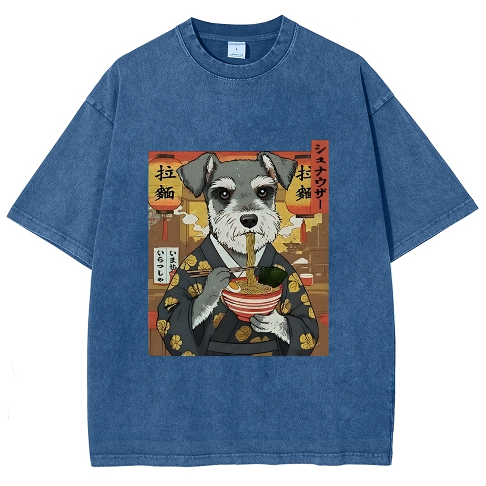 Schnauzer Eating Ramen Washed T-Shirt