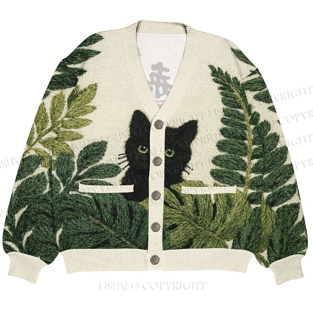 Black Cat And Palm Leaf Art Ugly Cardigan Sweater With Pocket