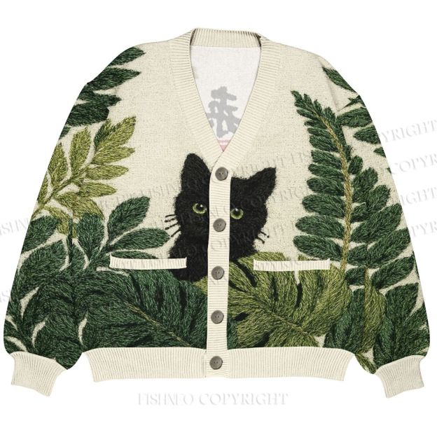 Black Cat And Palm Leaf Art Ugly Cardigan Sweater With Pocket