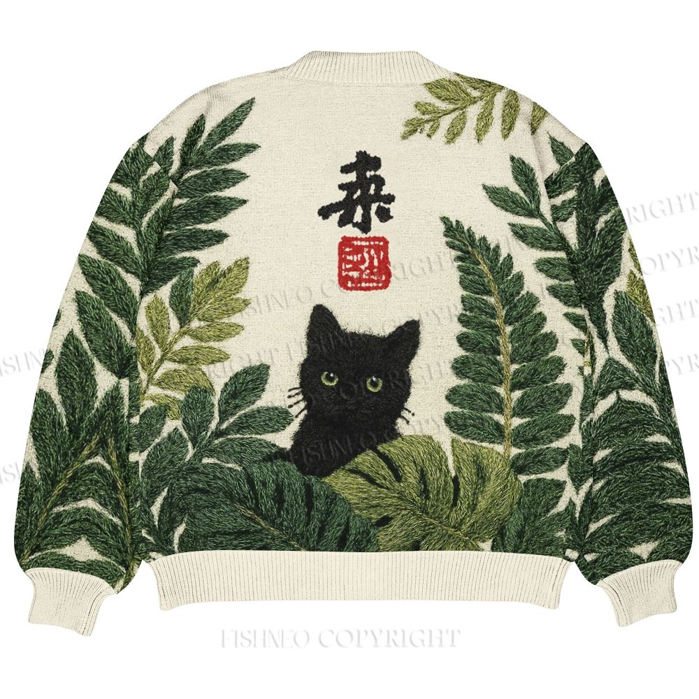 Black Cat And Palm Leaf Art Ugly Cardigan Sweater With Pocket