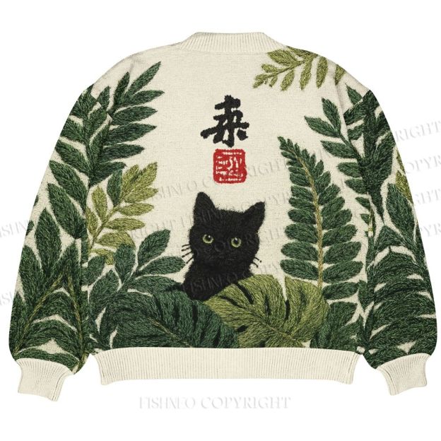 Black Cat And Palm Leaf Art Ugly Cardigan Sweater With Pocket