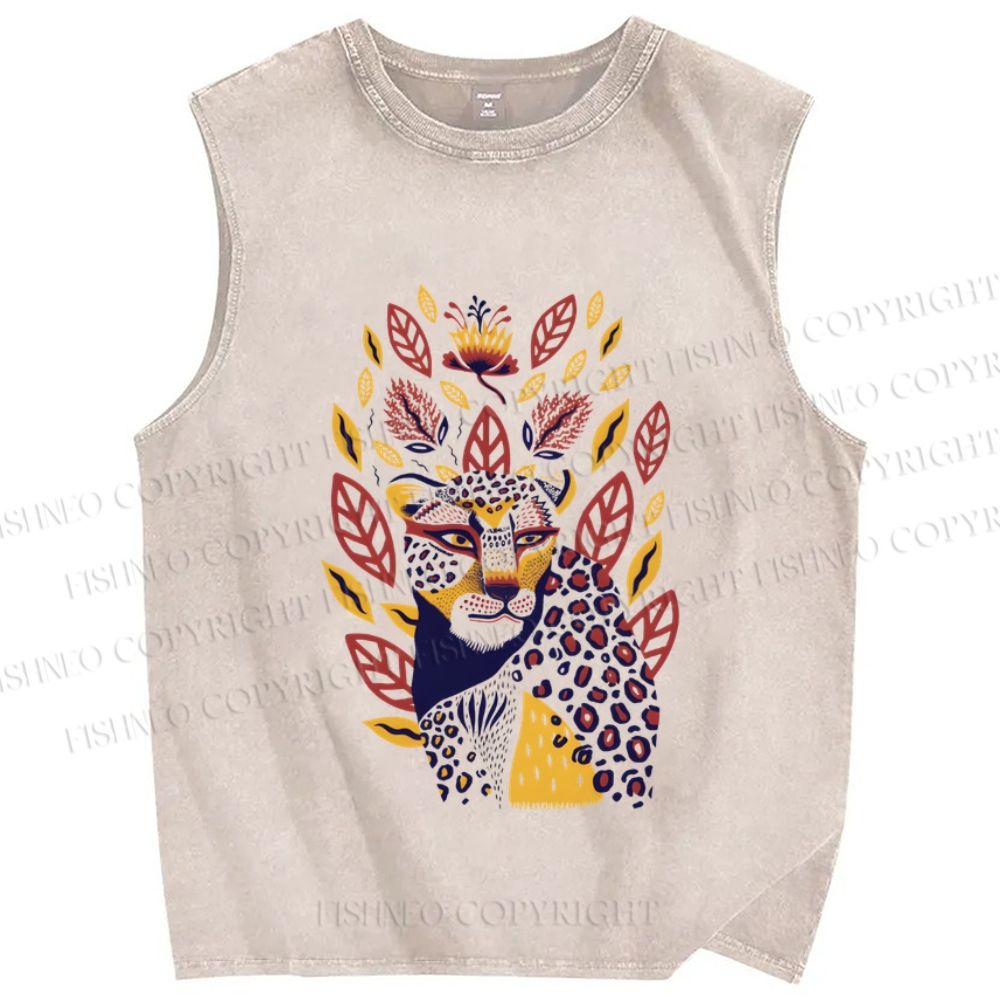 Unisex Yellow Panther in Leaves and Flowers Printed Washed Tank Top