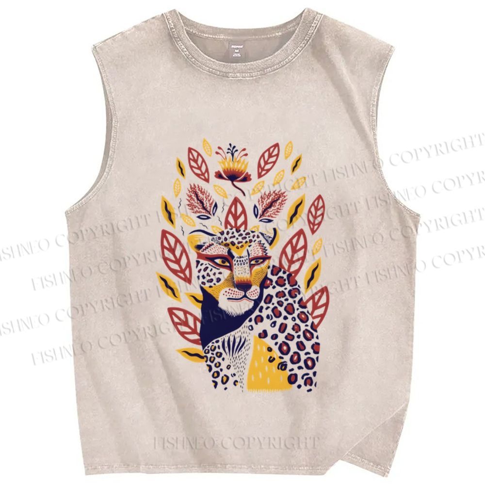 Unisex Yellow Panther in Leaves and Flowers Printed Washed Tank Top