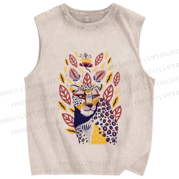 Unisex Yellow Panther in Leaves and Flowers Printed Washed Tank Top