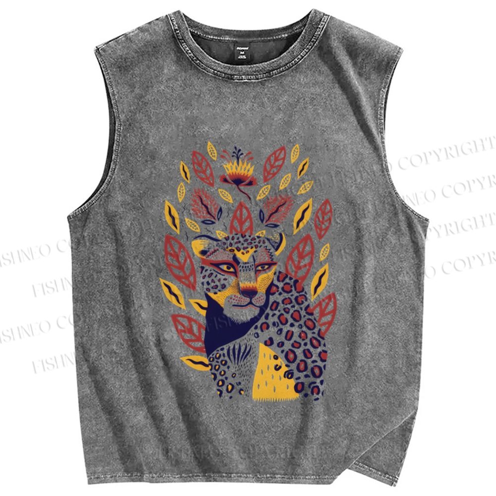 Unisex Yellow Panther in Leaves and Flowers Printed Washed Tank Top