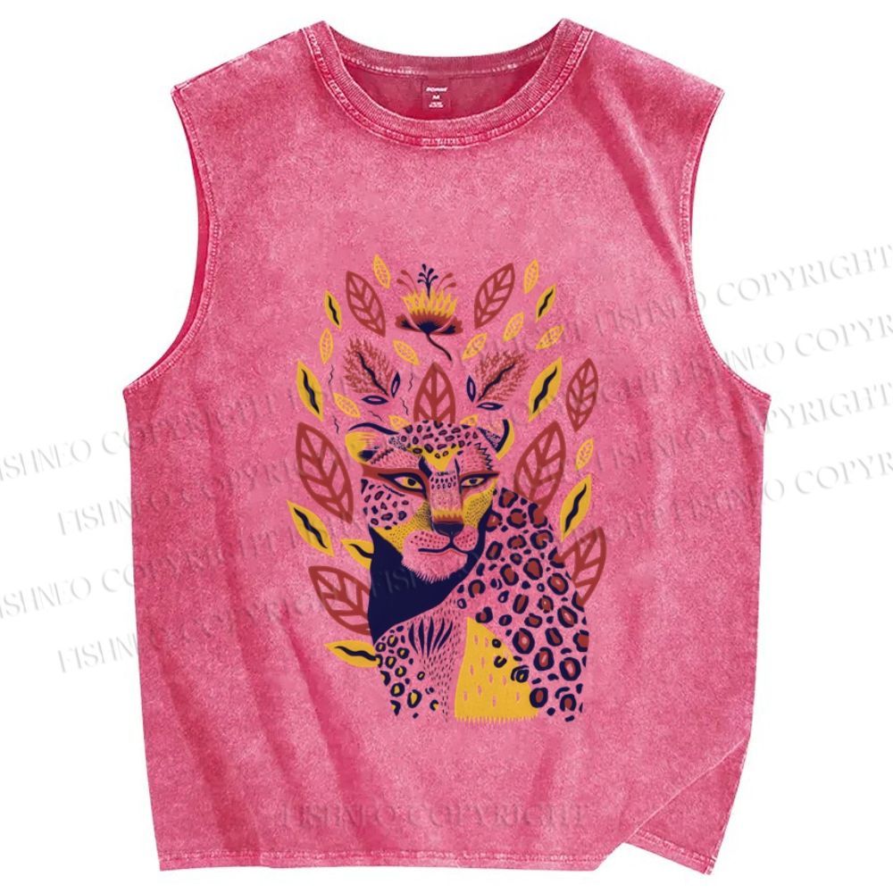 Unisex Yellow Panther in Leaves and Flowers Printed Washed Tank Top