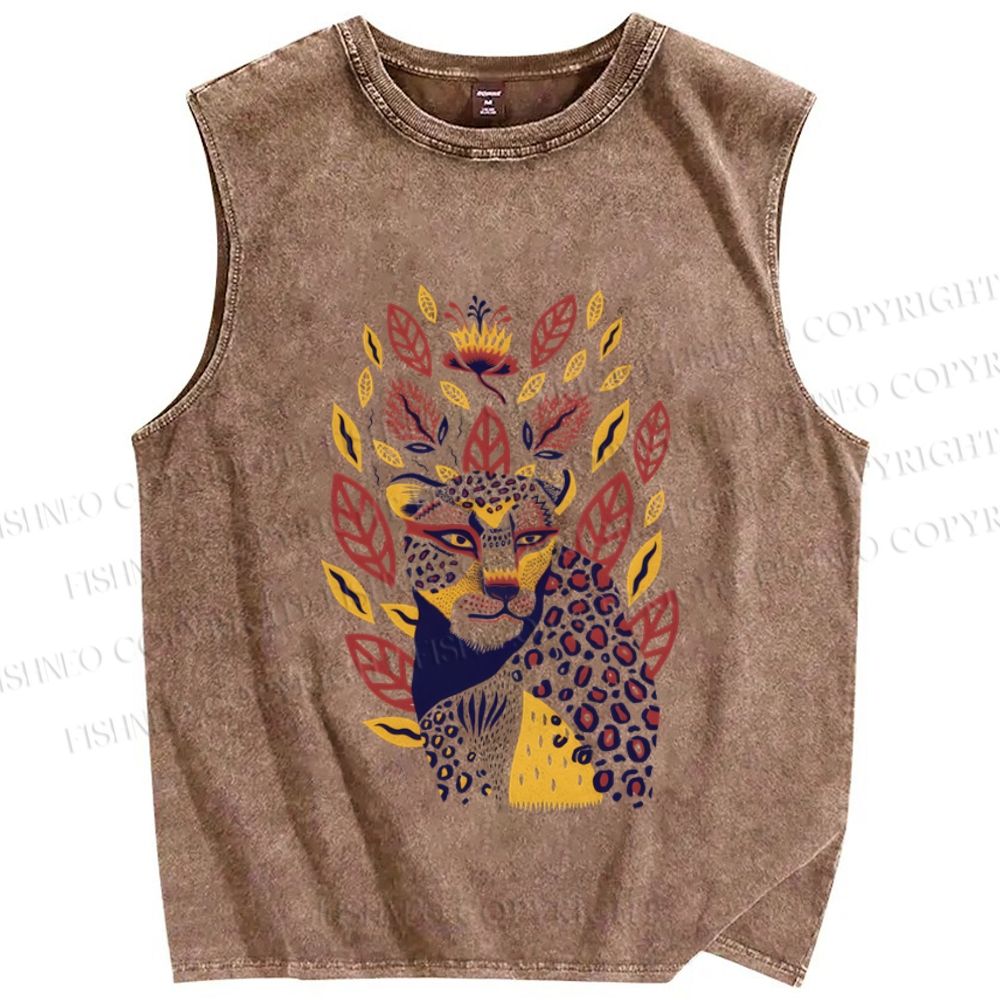 Unisex Yellow Panther in Leaves and Flowers Printed Washed Tank Top