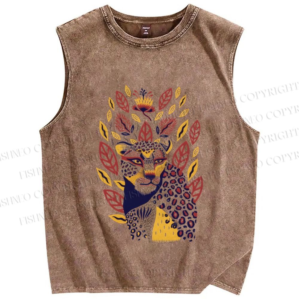 Unisex Yellow Panther in Leaves and Flowers Printed Washed Tank Top