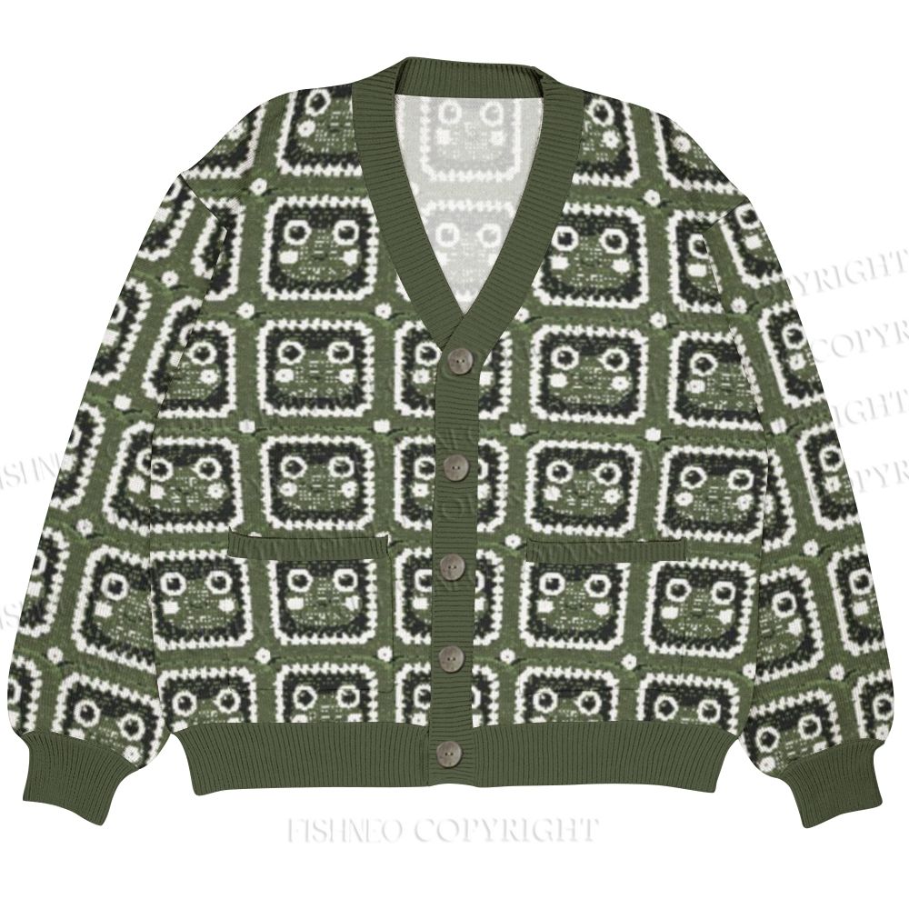 Vintage Cartoon Frog Printed Ugly Cardigan Sweater With Pocket