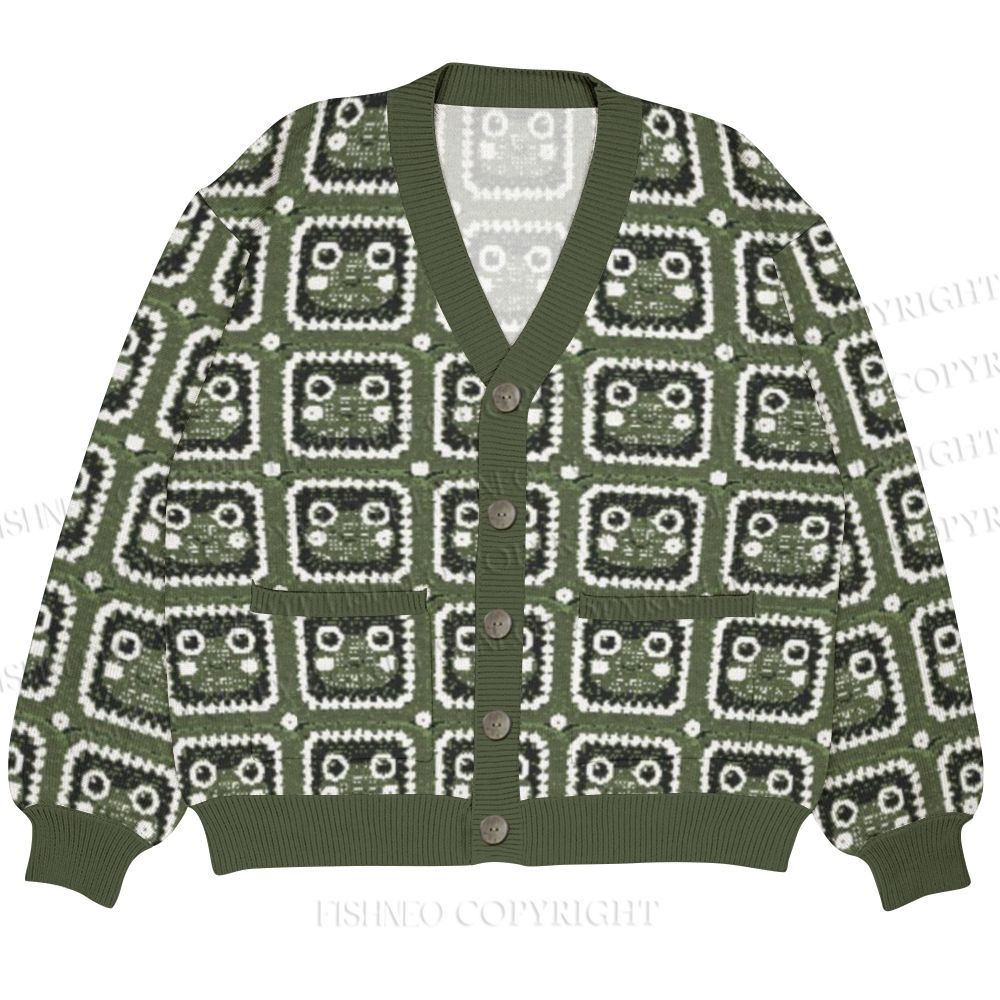 Vintage Cartoon Frog Printed Ugly Cardigan Sweater With Pocket