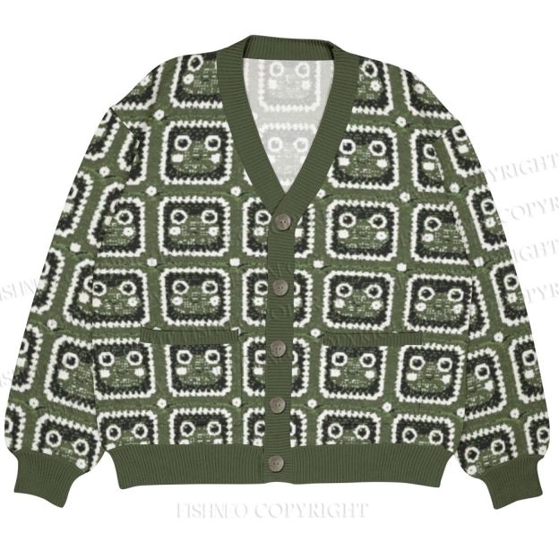 Vintage Cartoon Frog Printed Ugly Cardigan Sweater With Pocket