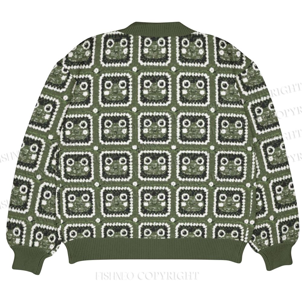 Vintage Cartoon Frog Printed Ugly Cardigan Sweater With Pocket