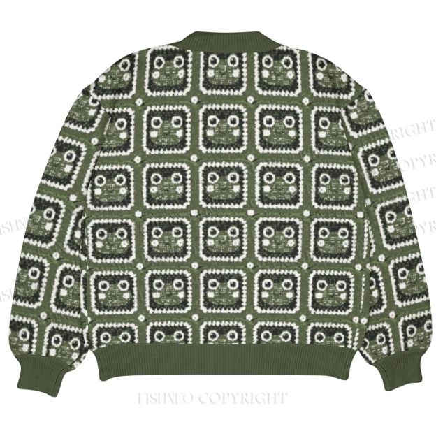 Vintage Cartoon Frog Printed Ugly Cardigan Sweater With Pocket