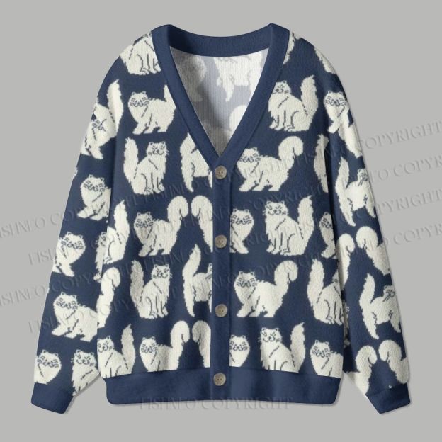 Vintage Cat Printed Ugly Cardigan Sweater