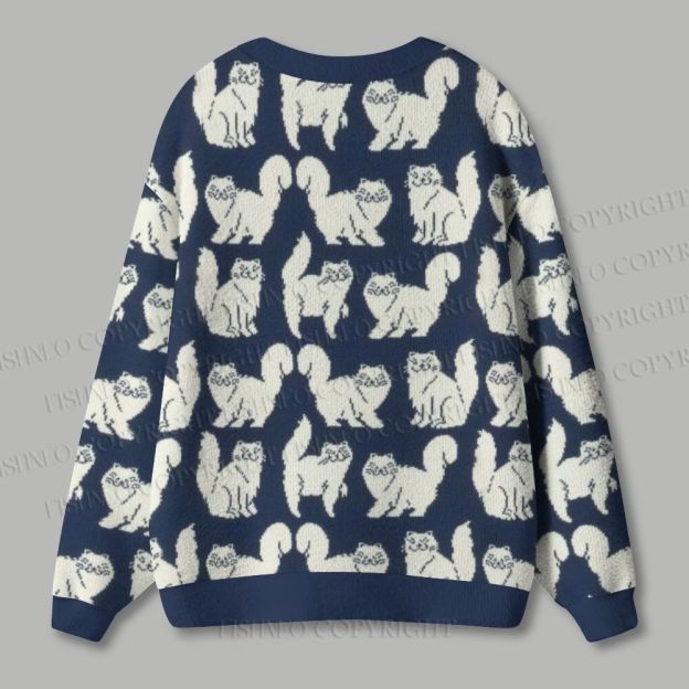 Vintage Cat Printed Ugly Cardigan Sweater