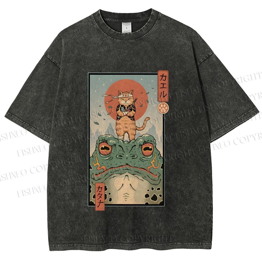 Unisex Cat Frog Japanese Style Printed Washed Tee