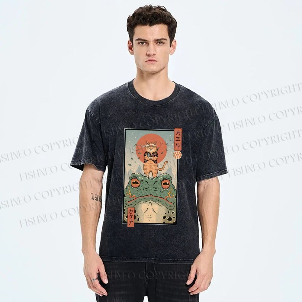 Unisex Cat Frog Japanese Style Printed Washed Tee