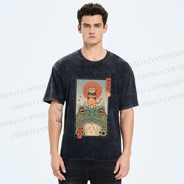 Unisex Cat Frog Japanese Style Printed Washed Tee