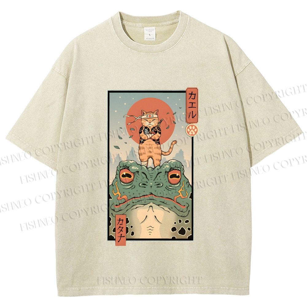 Unisex Cat Frog Japanese Style Printed Washed Tee