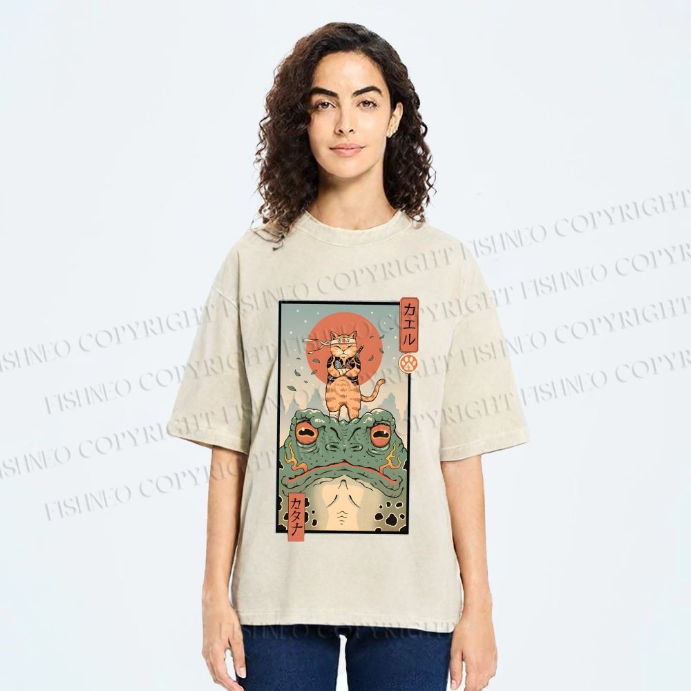 Unisex Cat Frog Japanese Style Printed Washed Tee