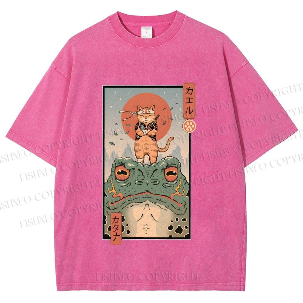 Unisex Cat Frog Japanese Style Printed Washed Tee