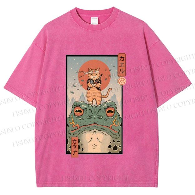 Unisex Cat Frog Japanese Style Printed Washed Tee
