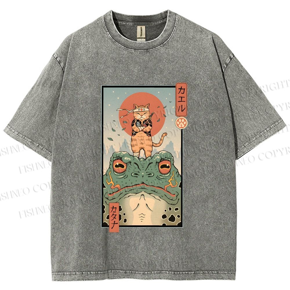 Unisex Cat Frog Japanese Style Printed Washed Tee