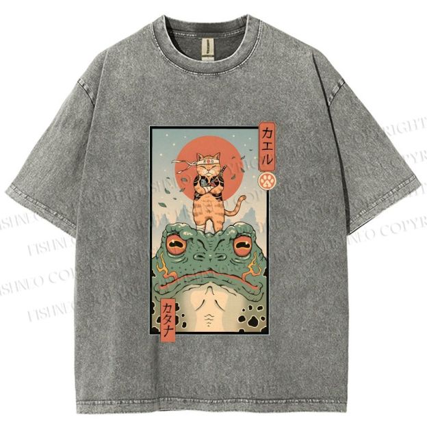 Unisex Cat Frog Japanese Style Printed Washed Tee
