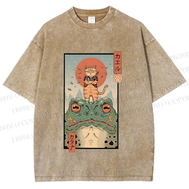 Unisex Cat Frog Japanese Style Printed Washed Tee