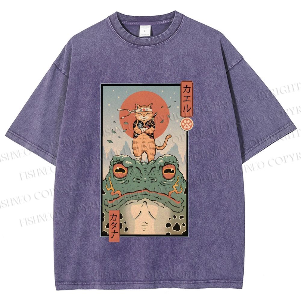Unisex Cat Frog Japanese Style Printed Washed Tee
