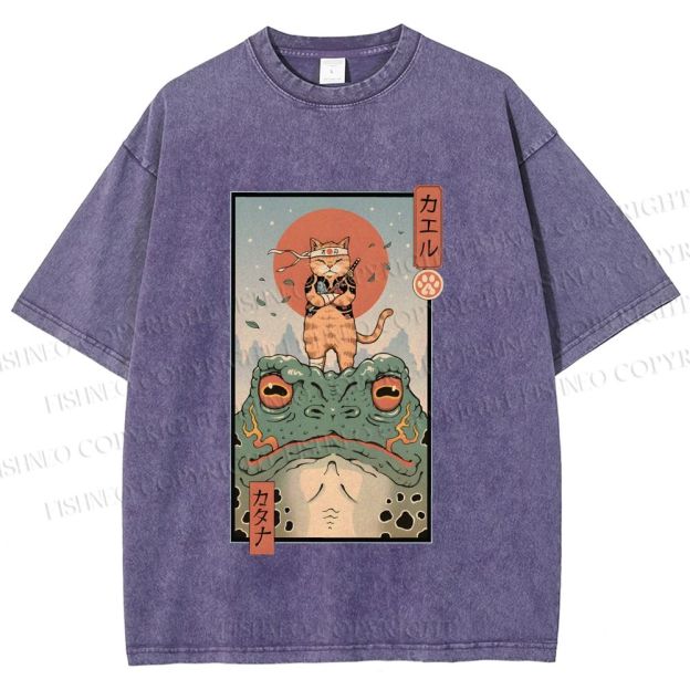 Unisex Cat Frog Japanese Style Printed Washed Tee