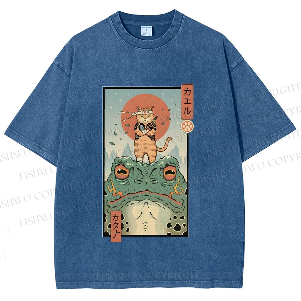 Unisex Cat Frog Japanese Style Printed Washed Tee