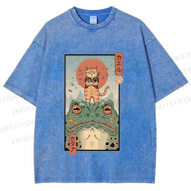 Unisex Cat Frog Japanese Style Printed Washed Tee