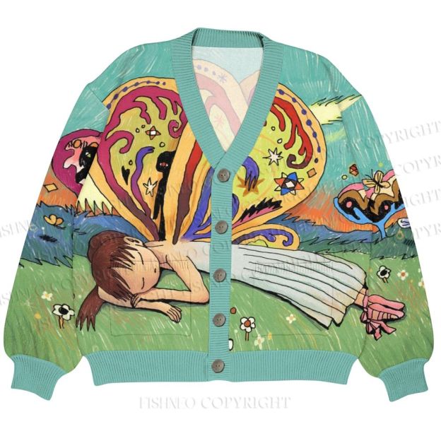 Butterfly Girl Sleeping Ugly Cardigan Sweater With Pocket