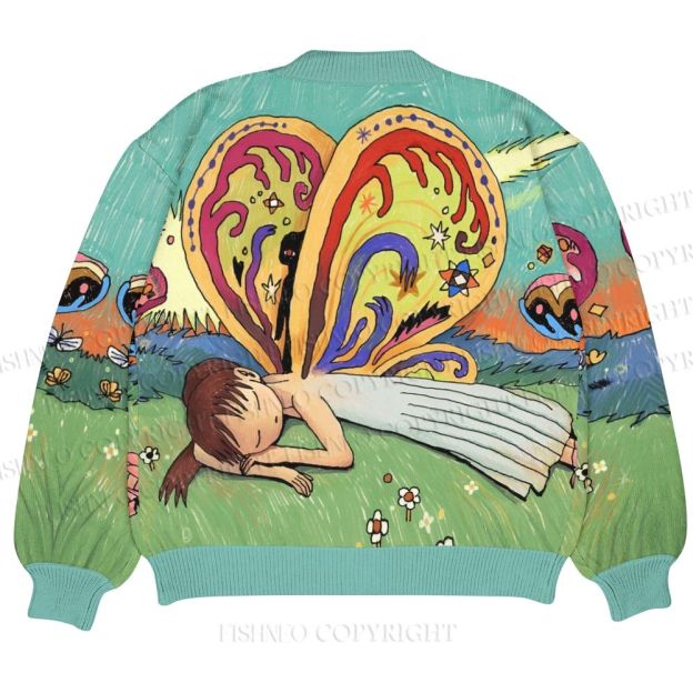 Butterfly Girl Sleeping Ugly Cardigan Sweater With Pocket