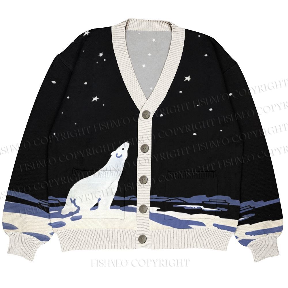 Polar Bear Stargazing Ugly Cardigan Sweater With Pocket