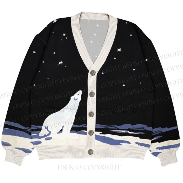 Polar Bear Stargazing Ugly Cardigan Sweater With Pocket